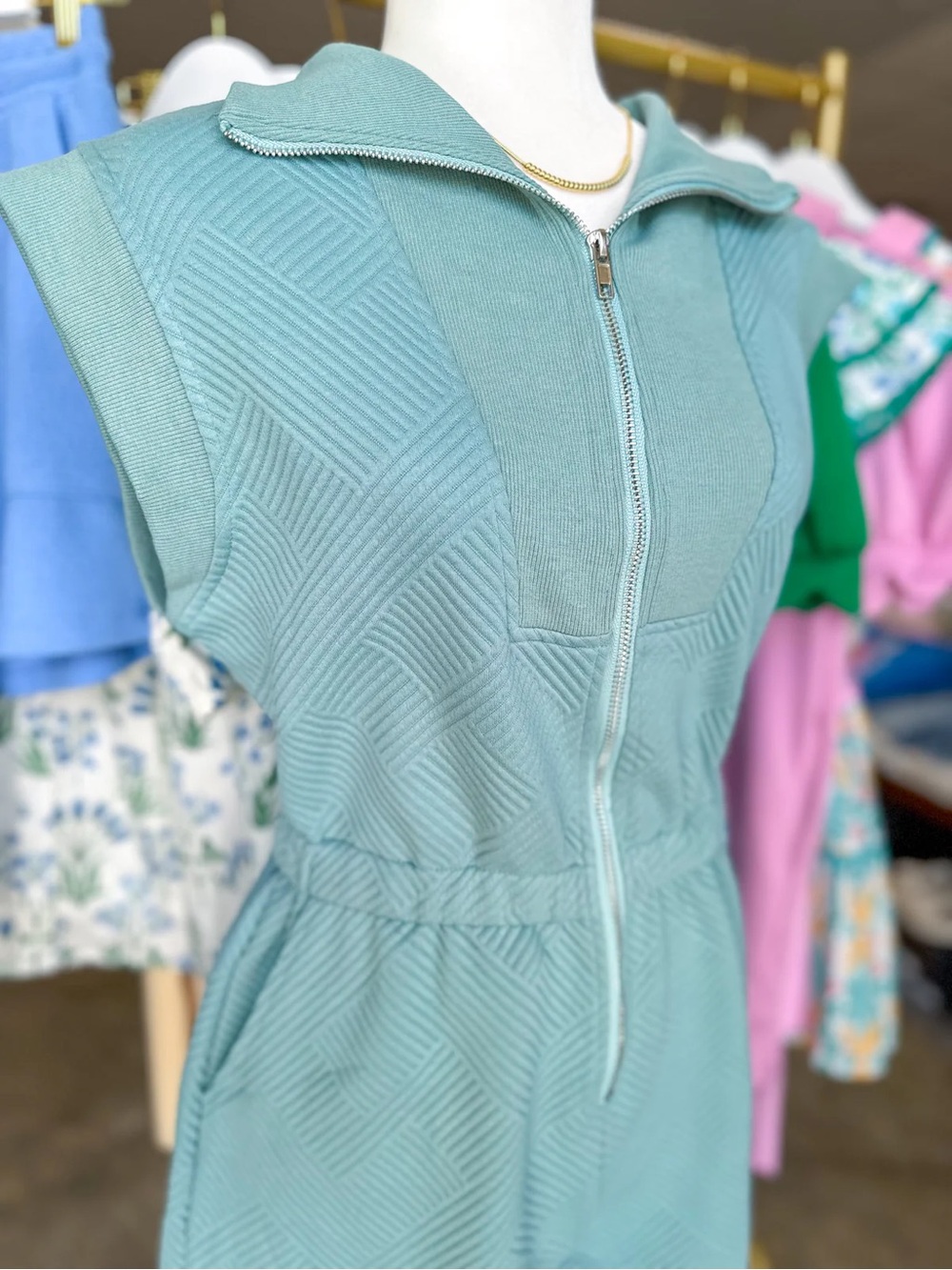 She + Sky Mint Zip-Front Sleeveless Jumpsuit